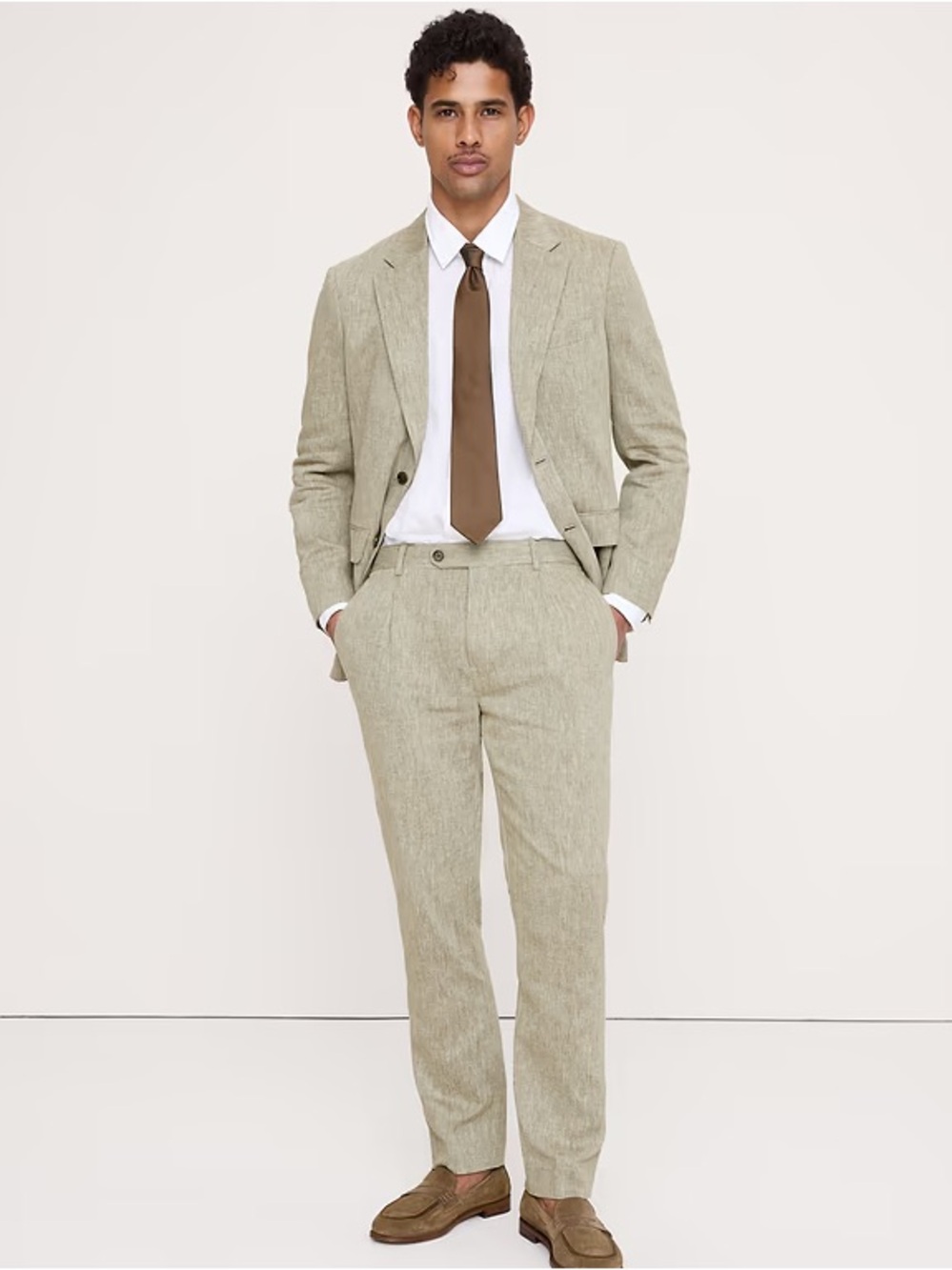 TAILORED SLIM-FIT GREEN LINEN-COTTON SUIT PANT